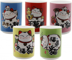 Tea cups, laucky cats, set-5, Ø 6,5 cm, 10 cm high, Asian porcelain, funny Asian cat motifs in comic style, including a gift box